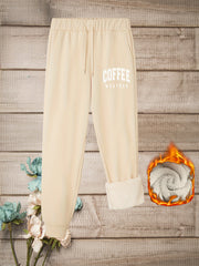  Casual Pants Women's Plus Letter Print Elastic Drawstring Fleece Liner
