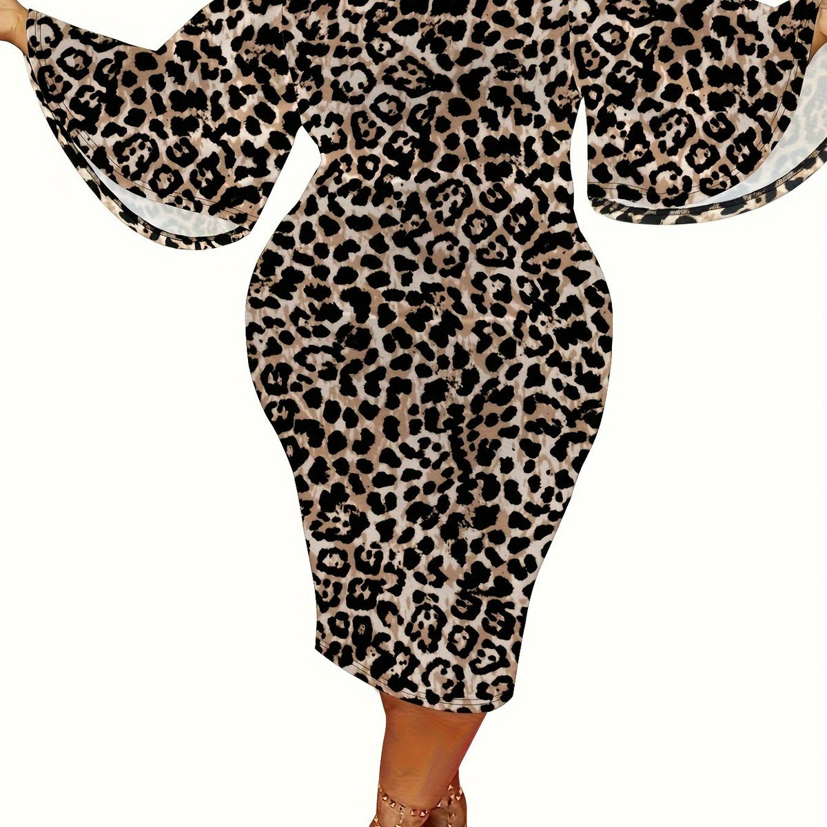 Women's Plus Leopard Print Bell Sleeve Round Neck Slim Fit Dress