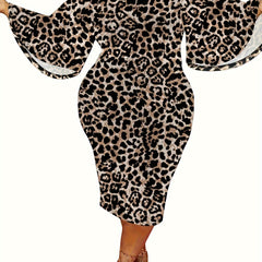 Women's Plus Leopard Print Bell Sleeve Round Neck Slim Fit Dress