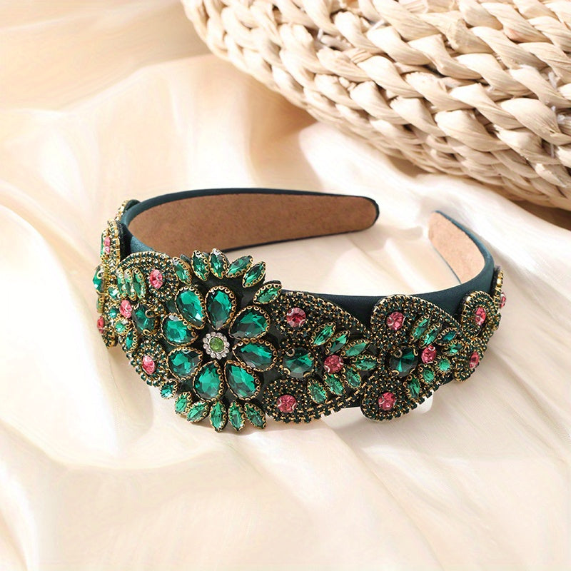 Baroque Rhinestone Headband Wide Head Hoop Crystal Headdress Flower Hair Band