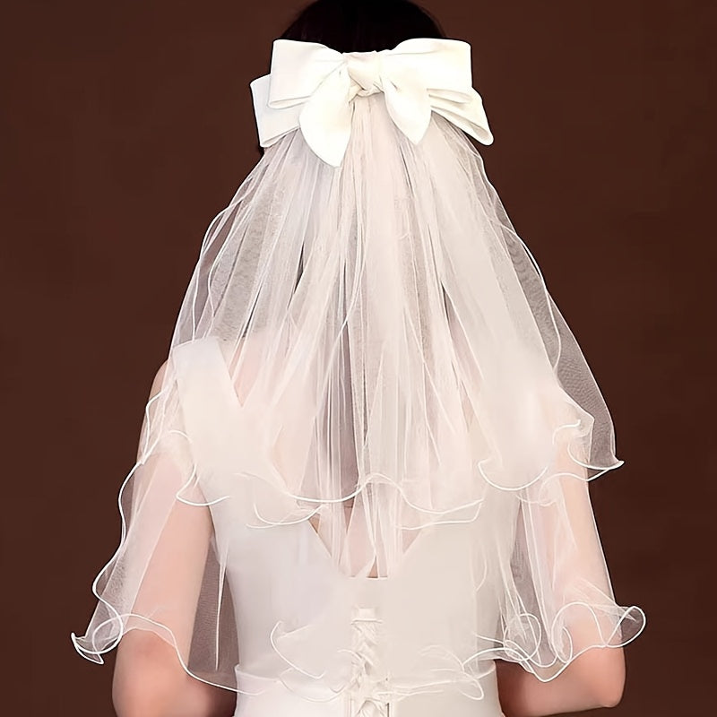 Bridal Veil with Satin Ribbon and Hair Clip for Wedding Accessory