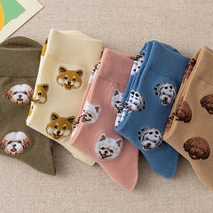 5 Pairs Women's Cotton Dog Pattern Crew Socks Multicolor