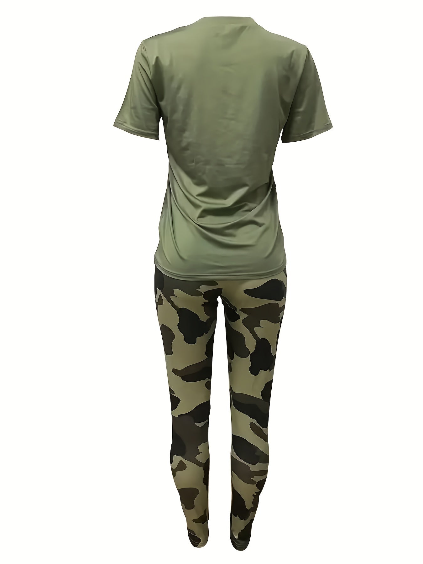  Casual Outfits Set Women's Plus Letter Print Top & Camo Leggings