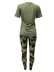  Casual Outfits Set Women's Plus Letter Print Top & Camo Leggings