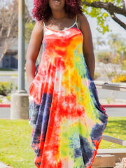  Tie Dye Print Colorblock Cami Dress With Pocket