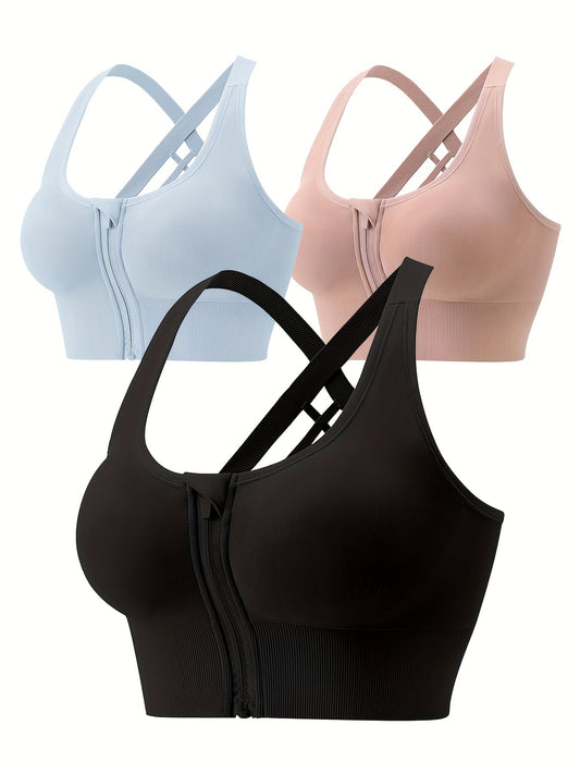 3pcs Front Zipper Sports Bras Criss Cross Back Stretch Bra Women's