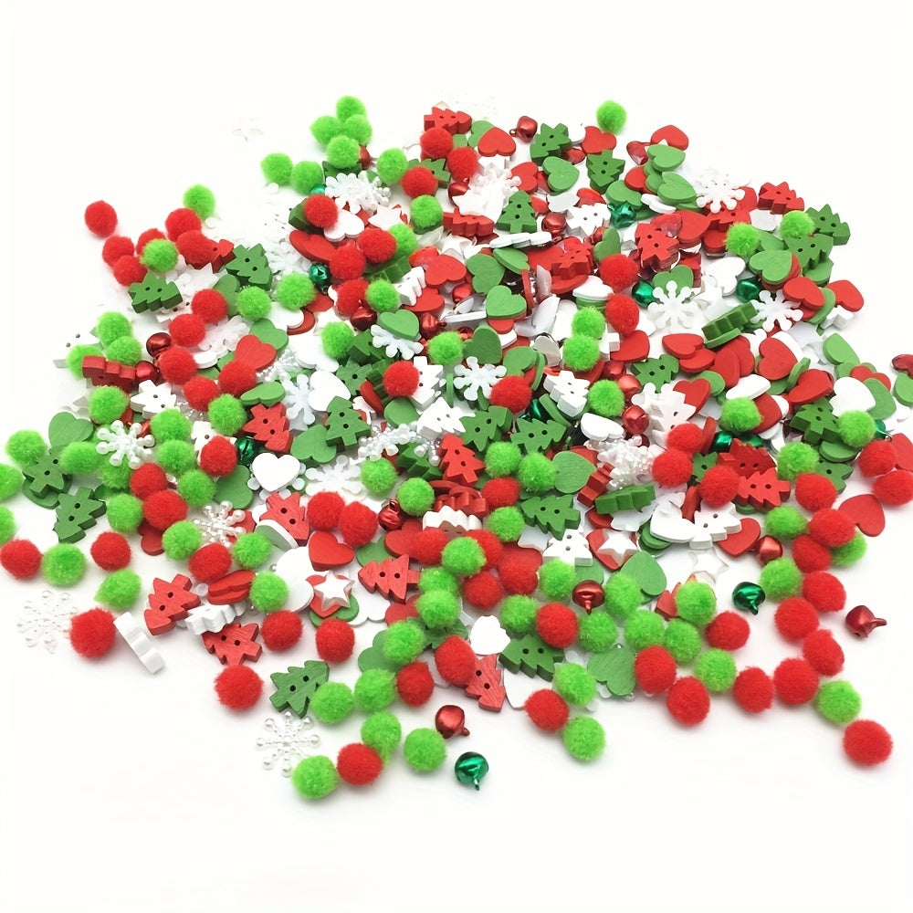 100pcs Christmas Pom Poms Wood Xmas Tree Buttons Jingle Bells DIY