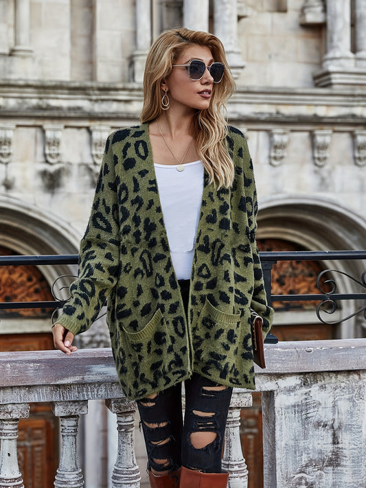  Leopard Print Open Front Cardigan With Pockets