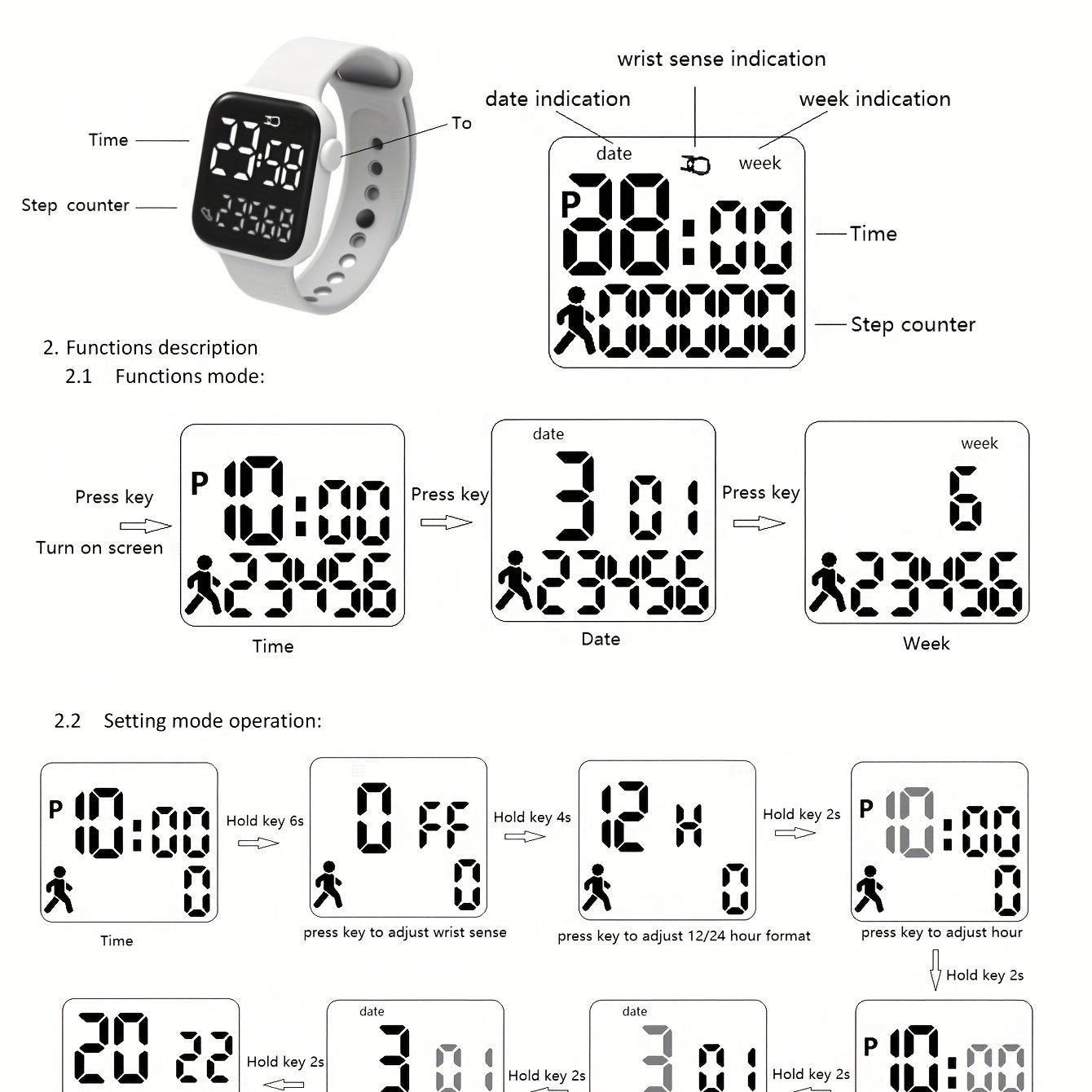 2pcs Girls Teens Pedometer LED Sports Watch