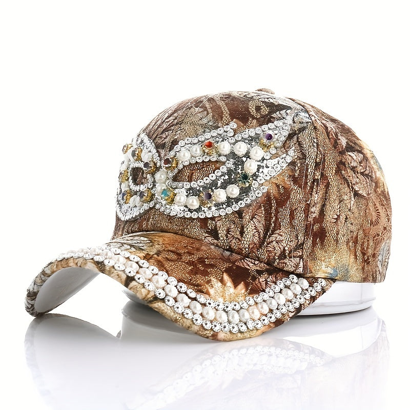 Rhinestone Baseball Cap Y2K Faux Pearl Leaf Flower Hat