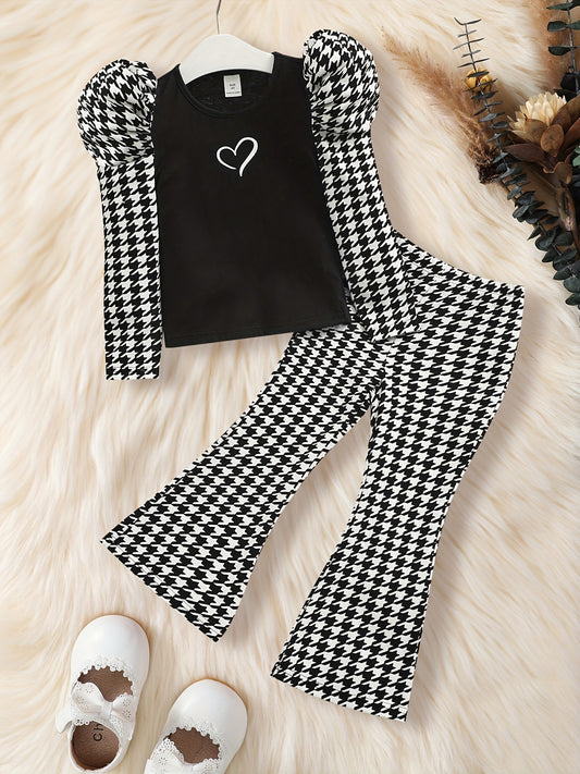 Girl's Heart Print Top & Flared Pants Set Houndstooth Pattern Outfit