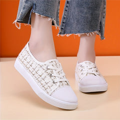 Women's Tweed Flat Sneakers Lace Up Casual Walking Shoes