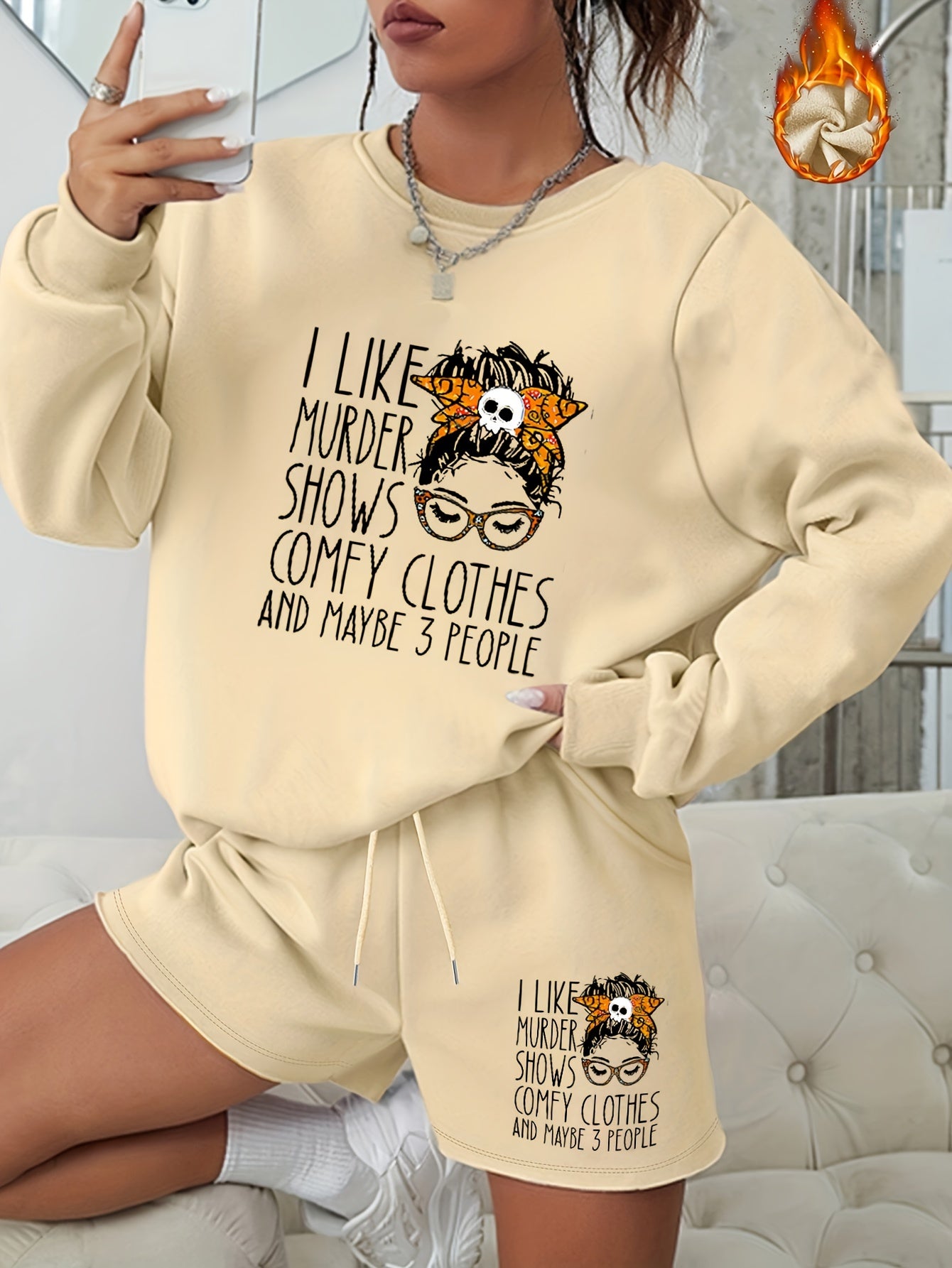  2pcs Set Women's Plus Letter & Graphic Print Sweatshirt & Shorts