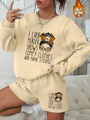  2pcs Set Women's Plus Letter & Graphic Print Sweatshirt & Shorts