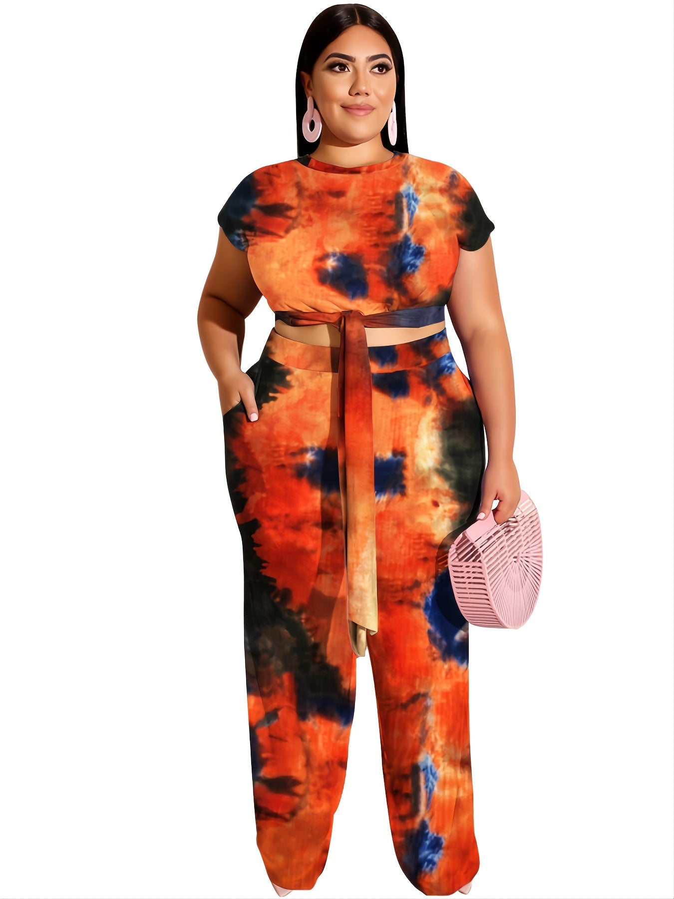  Tie Dye Knot Front Crop Top & Sweatpants Set Women's Plus