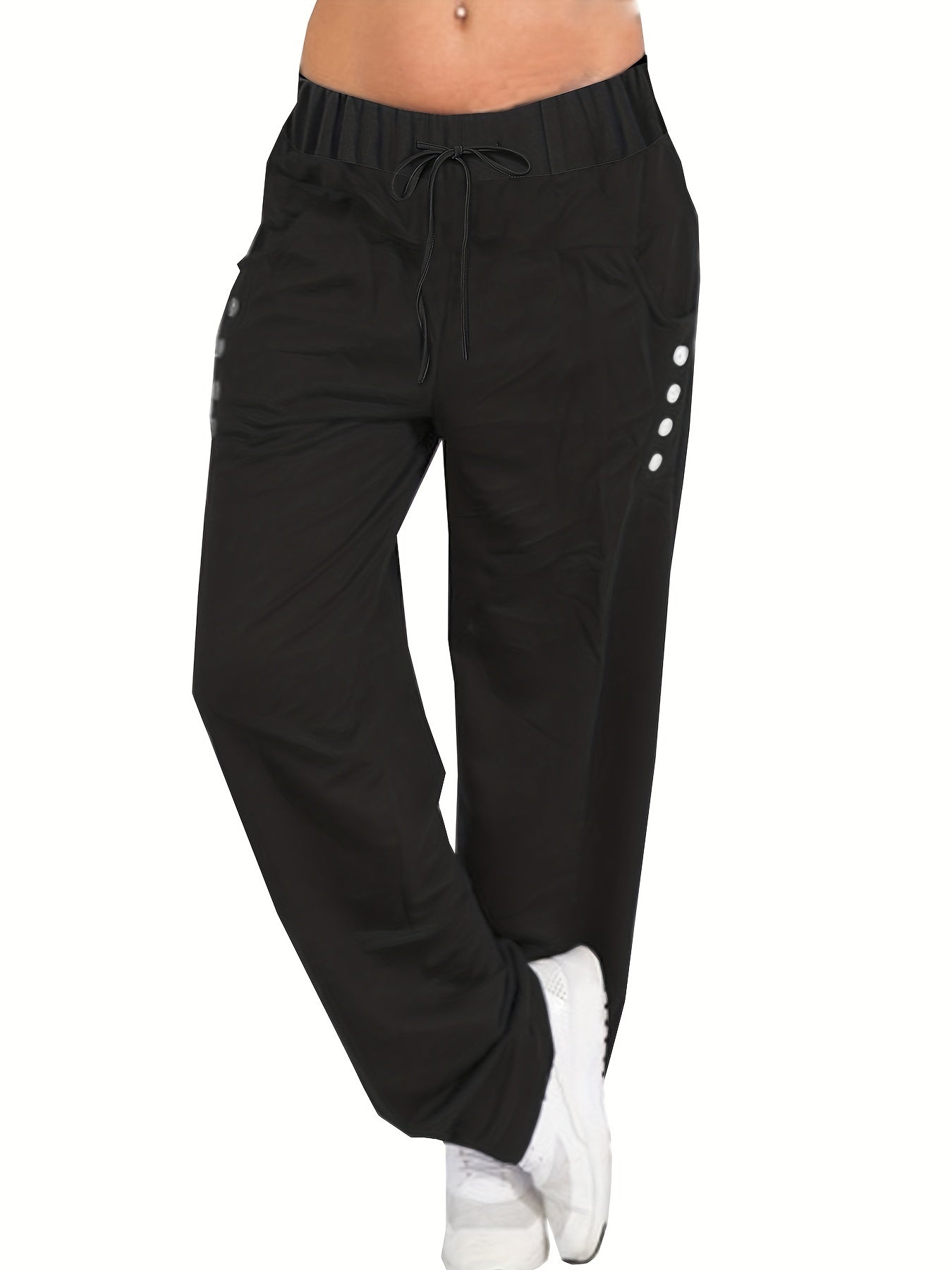  Solid Button Decor Drawstring Pants