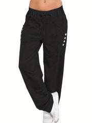  Solid Button Decor Drawstring Pants