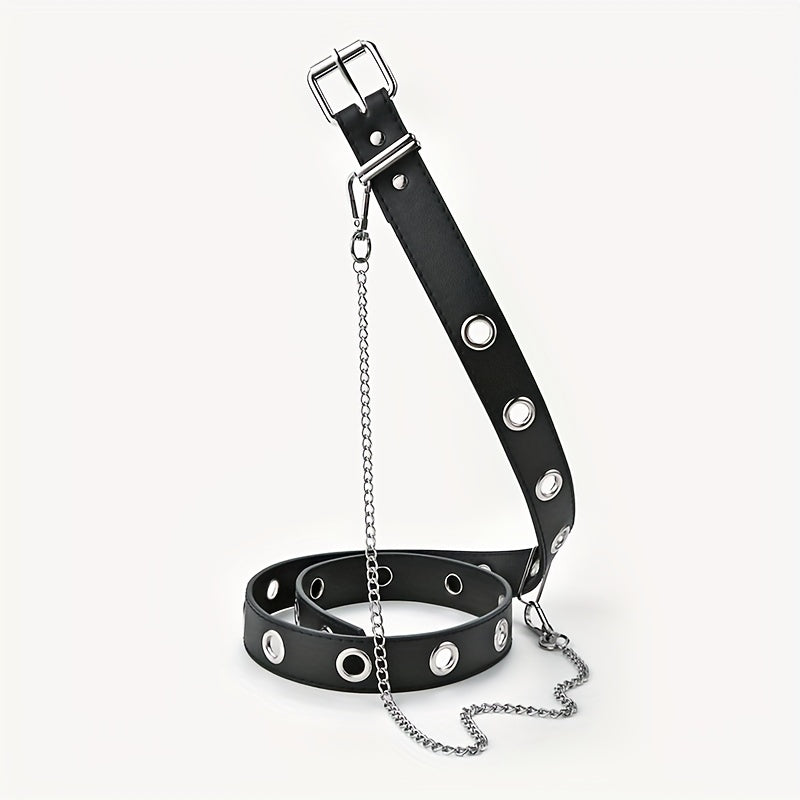Men's Automatic Buckle Belt With Chain PU Leather Belt Punk Waist Strap
