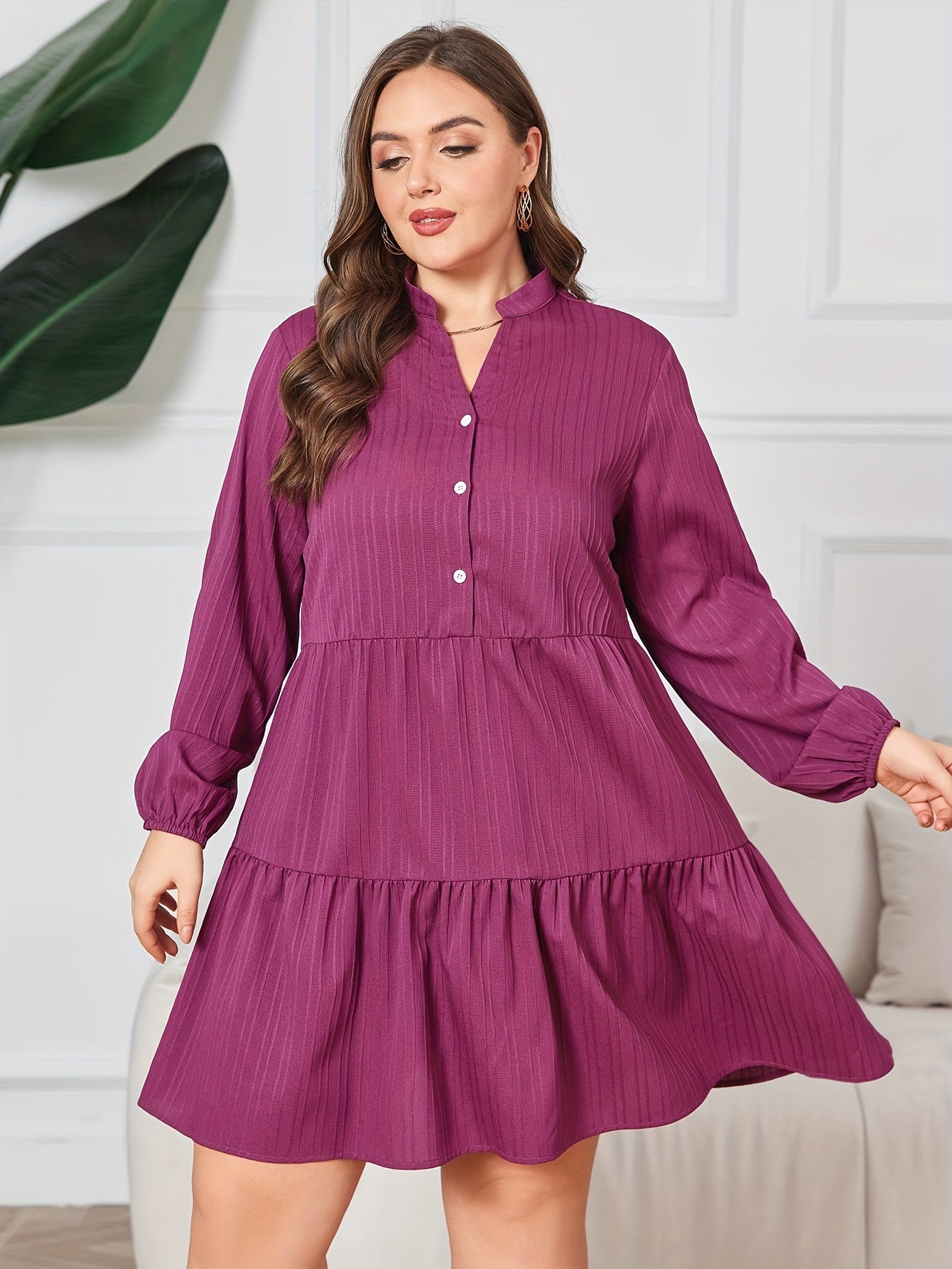 Plus Size Casual Dress Women's Plus Solid Lantern Sleeve Notched Neck