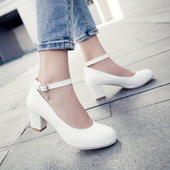 Women's Chunky Mid Heels Ankle Strap Faux Leather Shoes Non Slip Pumps
