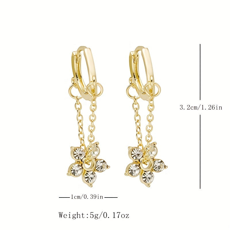 Rhinestone Flower Drop Earrings 18K Plated Hoop Huggie Ear Buckle Decor