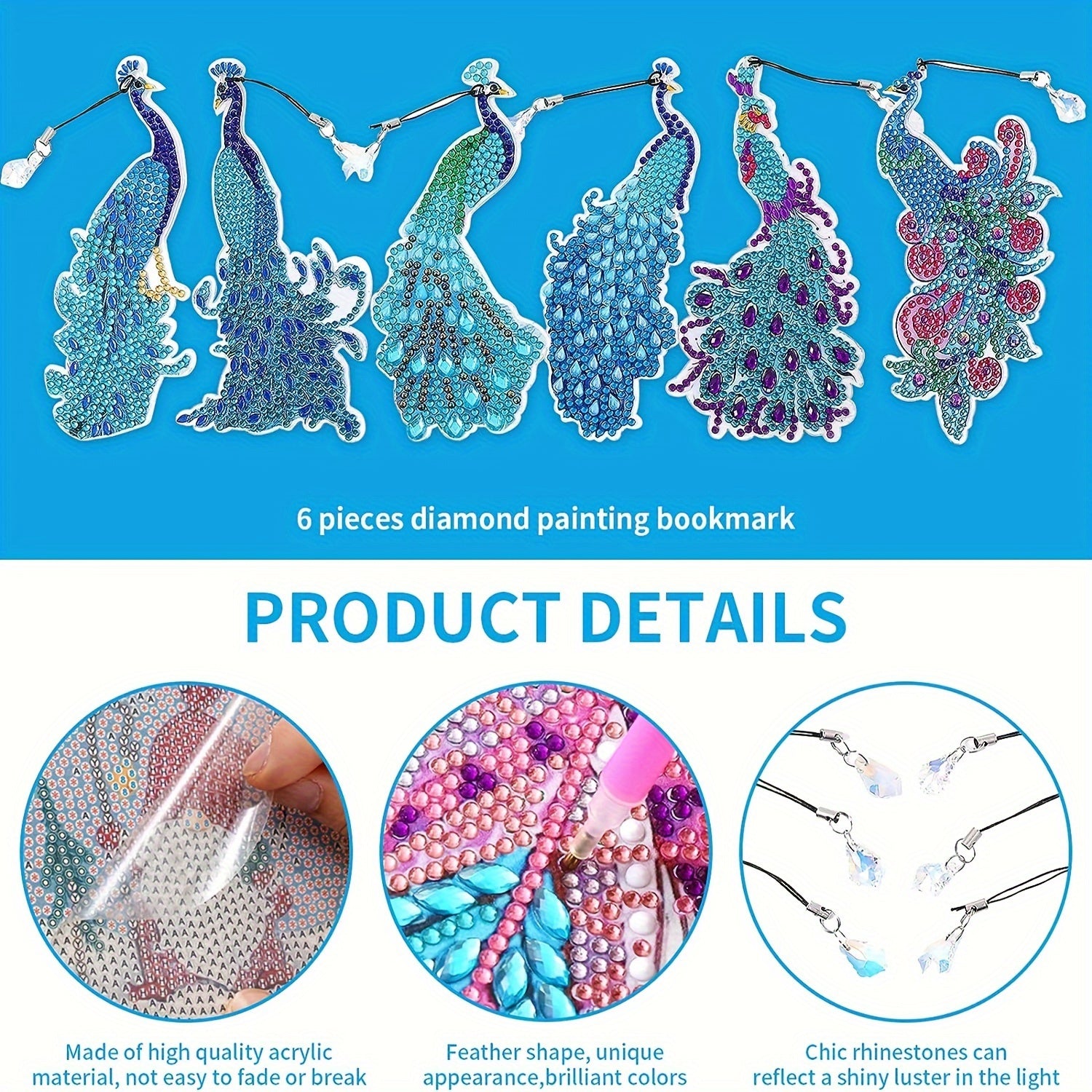 6packs Diamond Painting Bookmarks With Tassels DIY, Resin Water Drill Peacock Fe