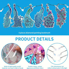 6packs Diamond Painting Bookmarks With Tassels DIY, Resin Water Drill Peacock Fe