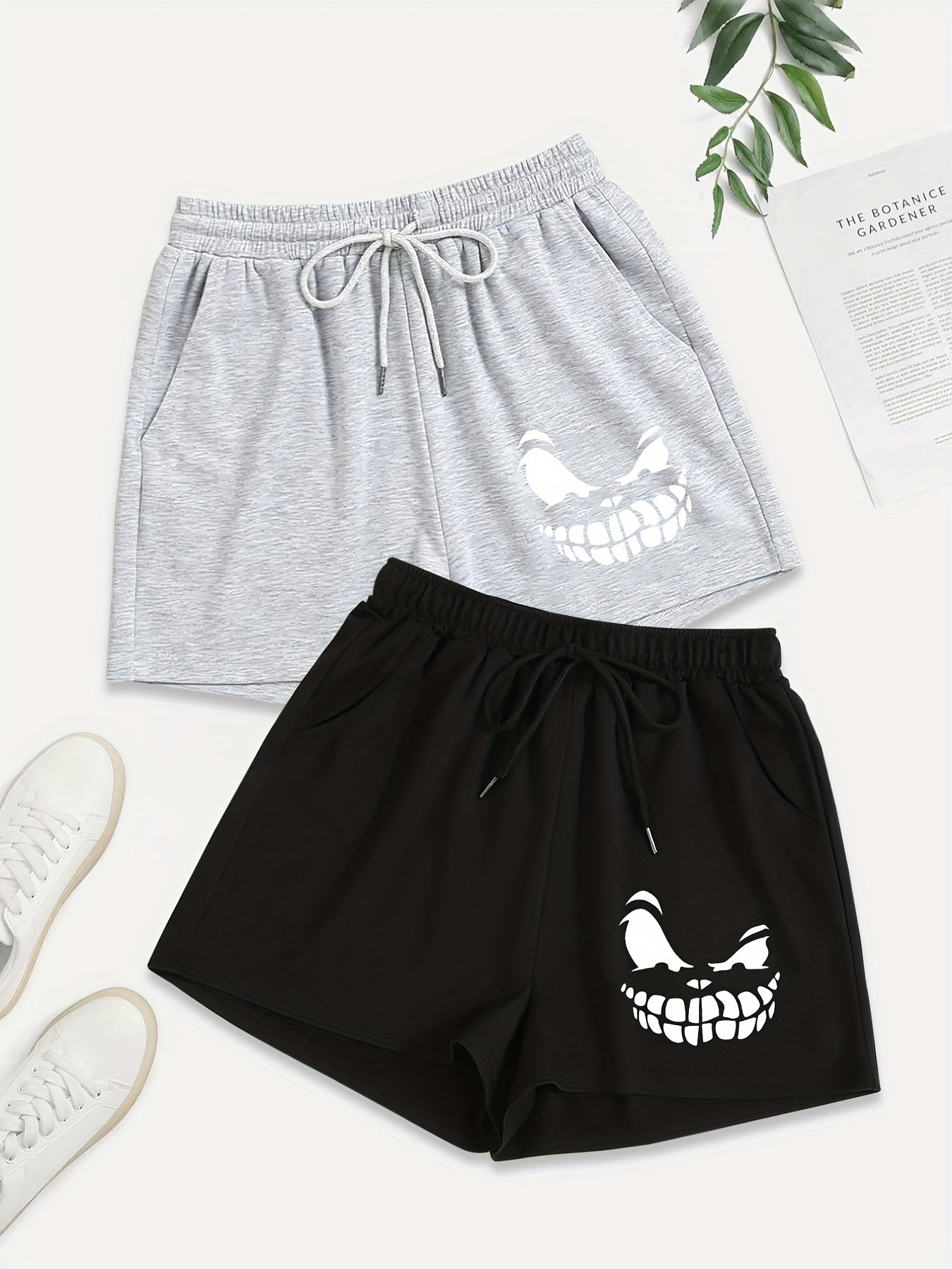 2 Pack Plus Size Casual Shorts Women's Plus Cartoon Print Drawstring Shorts