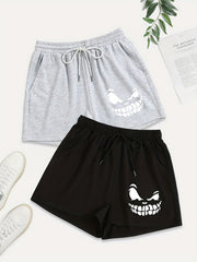 2 Pack Plus Size Casual Shorts Women's Plus Cartoon Print Drawstring Shorts