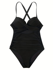 Ruched Halter Swimsuit V Neck Cross Back One Piece Bathing Suit