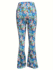Floral Print High Waist Hippie Pants Casual Flare Leg Pants For Spring & Summer