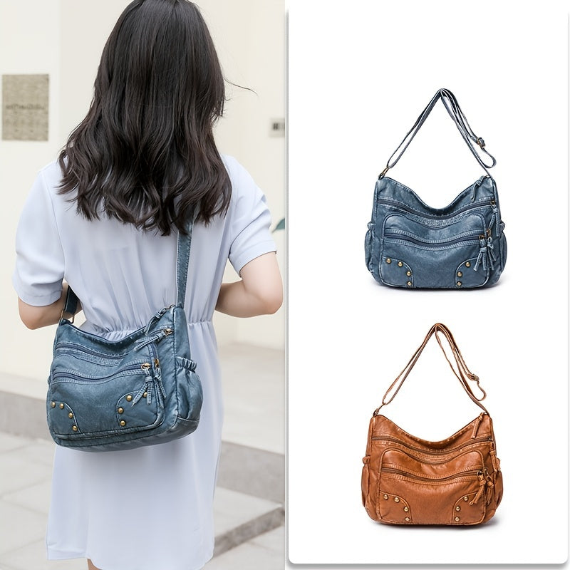 Studded Decor Crossbody Bag Retro Style Shoulder Bag PU Leather