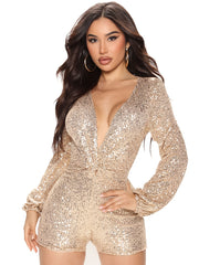 Sequined V Neck Jumpsuit Sexy Long Sleeve Women's Clothing