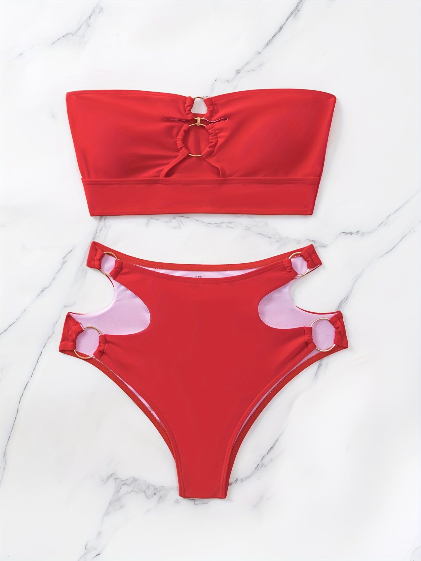Ring Linked Bandeau Bikini Set Solid Two Piece Swimsuit