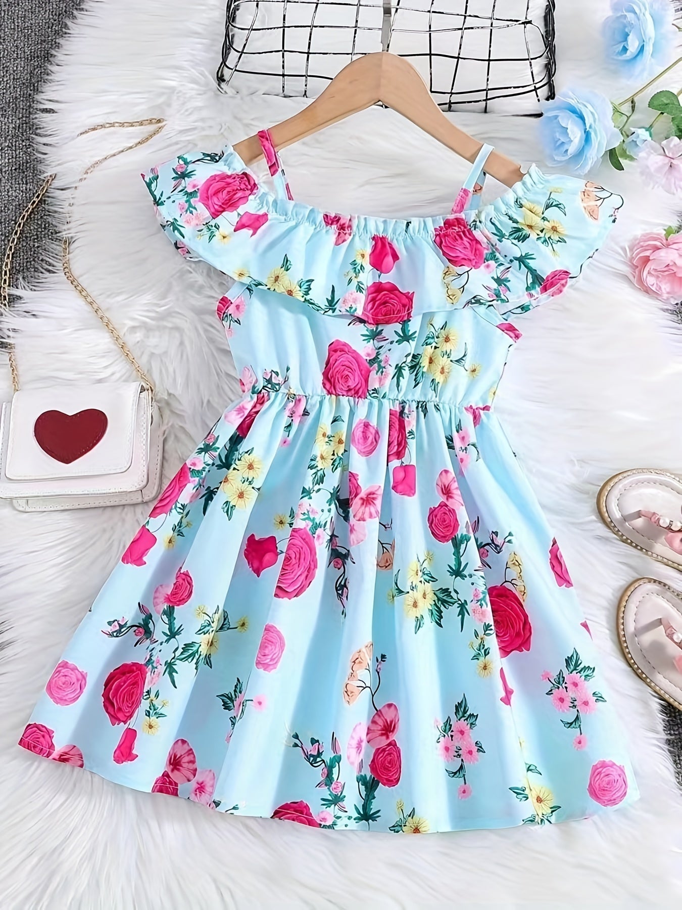 Toddler Girls Ruffle Trim Cold Shoulder Princess Dress Flowers Graphic