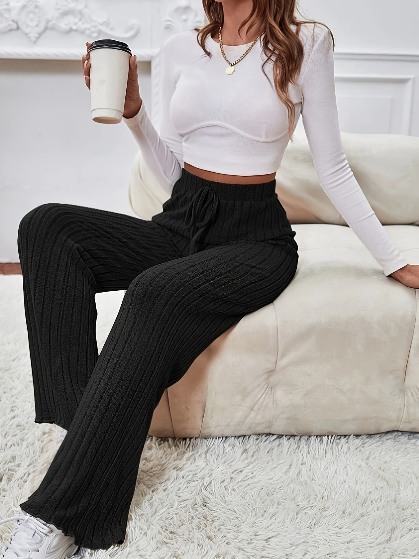  Ribbed High Rise Wide Leg Trousers