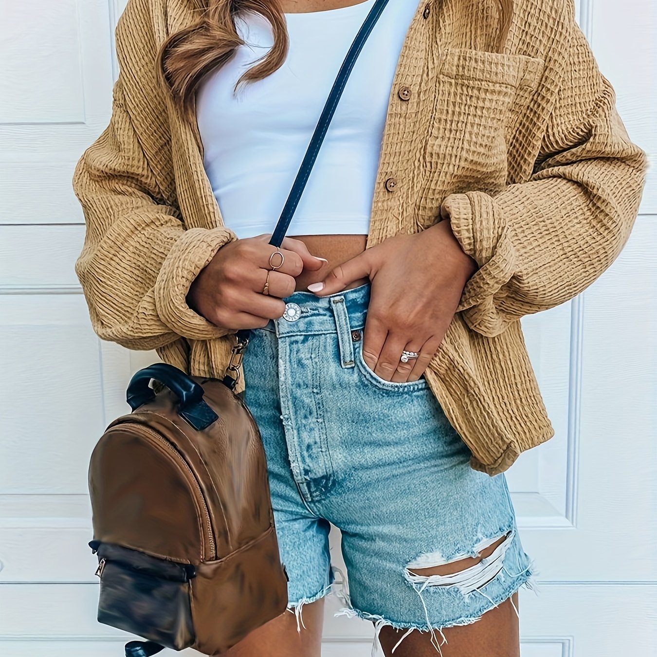 Waffle Solid Jacket Button Front Outerwear Women's Clothing