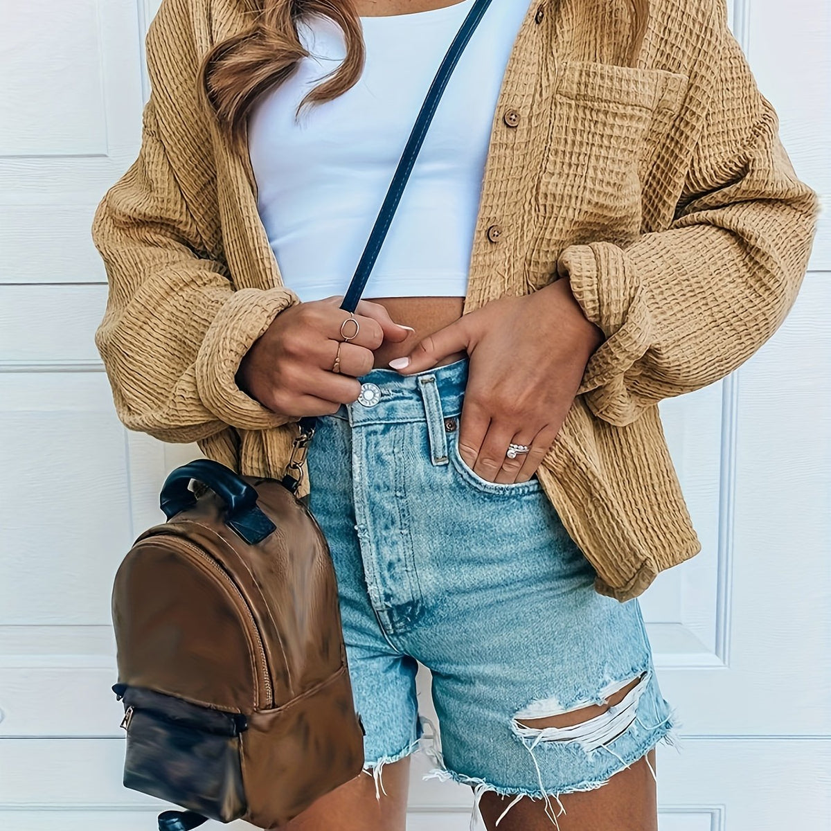 Waffle Solid Jacket Button Front Outerwear Women's Clothing