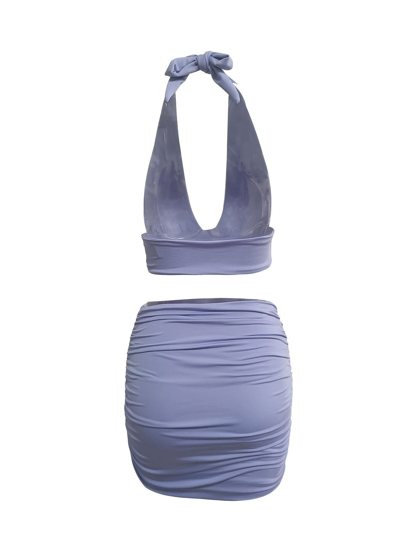 Solid Matching Two piece Skirt Set Crop Halter Top & Ruched Skirt
