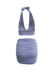 Solid Matching Two piece Skirt Set Crop Halter Top & Ruched Skirt
