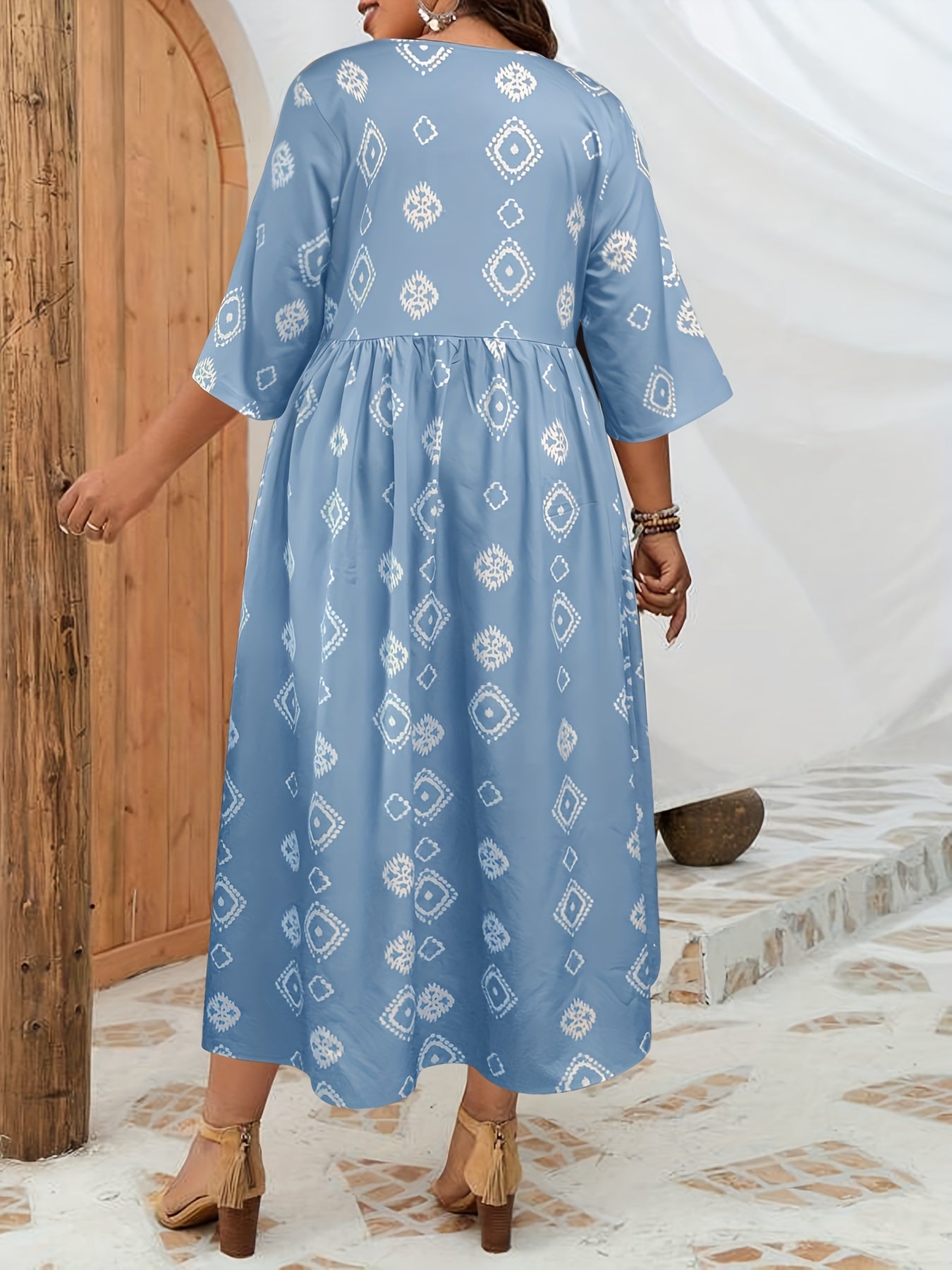  Geometric Print Half Sleeve Casual Dress