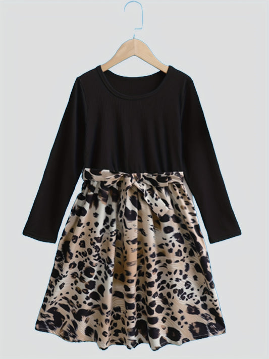 Girls Fall Dress Vintage Leopard Print Long Sleeve Casual Dresses