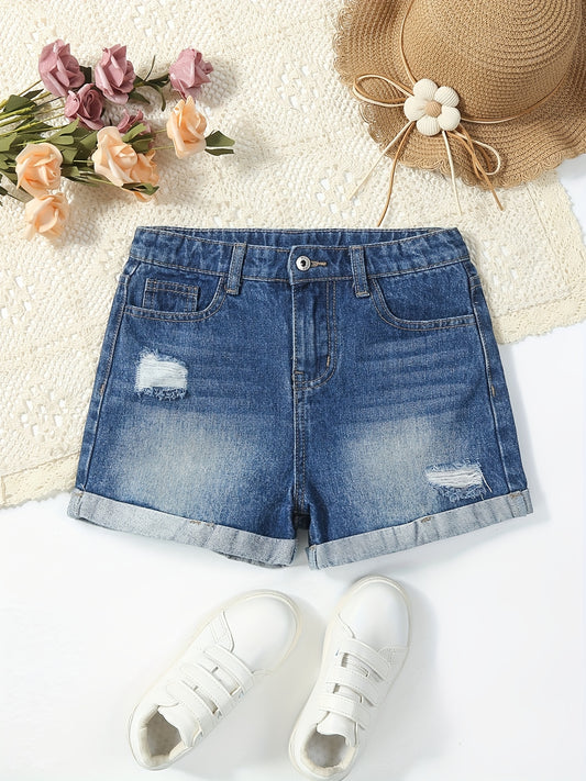 Girls' Ripped Roll Up Denim Shorts for Summer