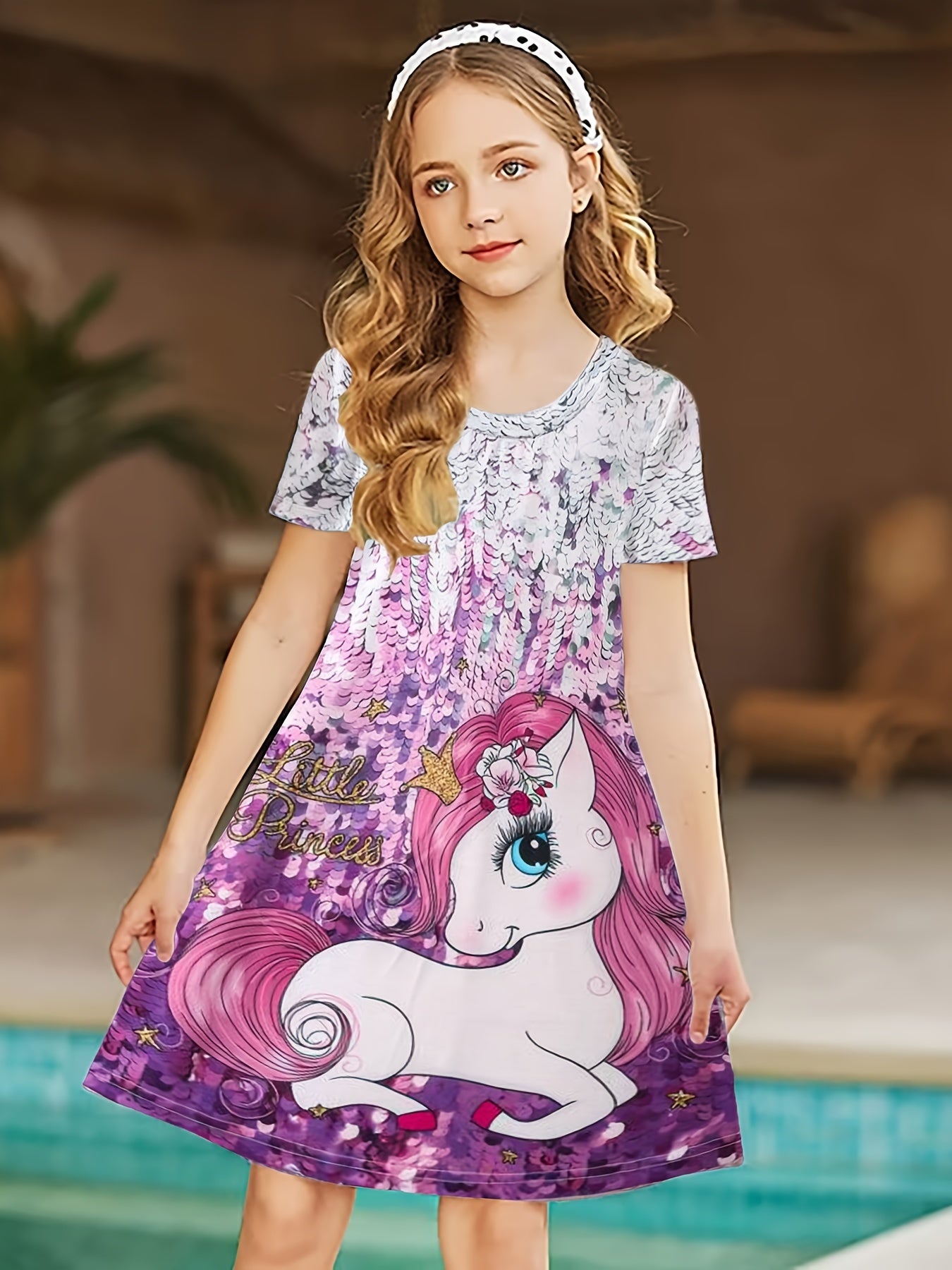 Girls Unicorn Print Short Sleeve Dress Summer Clothes