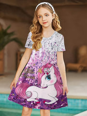 Girls Unicorn Print Short Sleeve Dress Summer Clothes