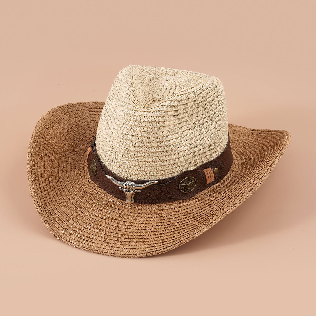 Big Cow Head Leather Belt Retro Outdoor Sunshade Western Cowboy Straw Hat