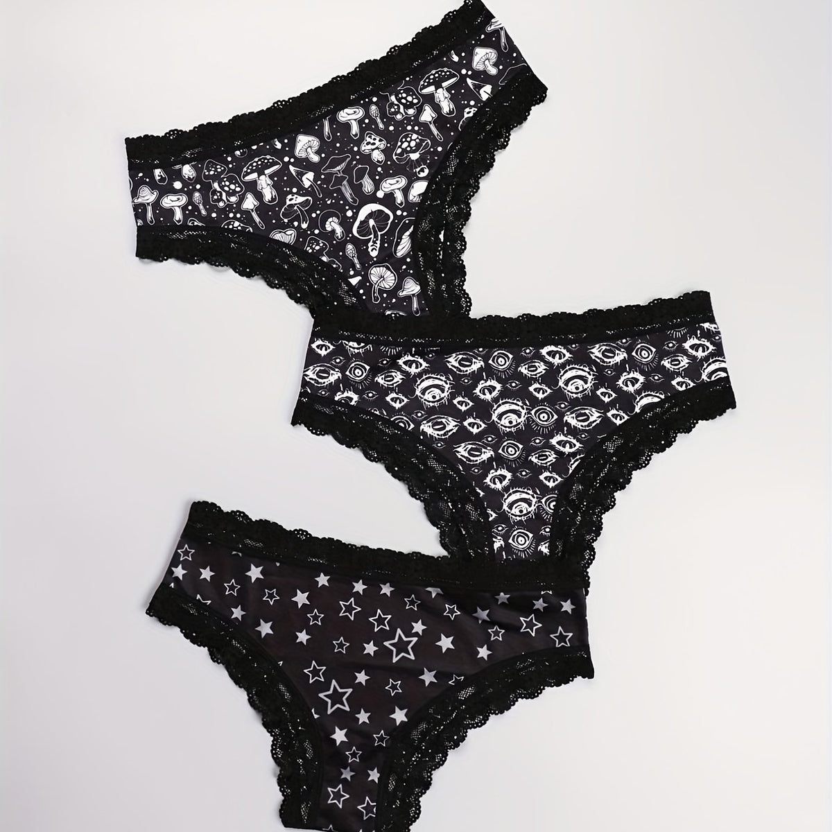 3pcs Mushroom & Star Print Hipster Panties Comfy Lace Trim
