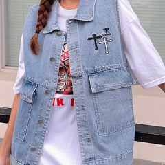  Cross Print Denim Jacket Vest