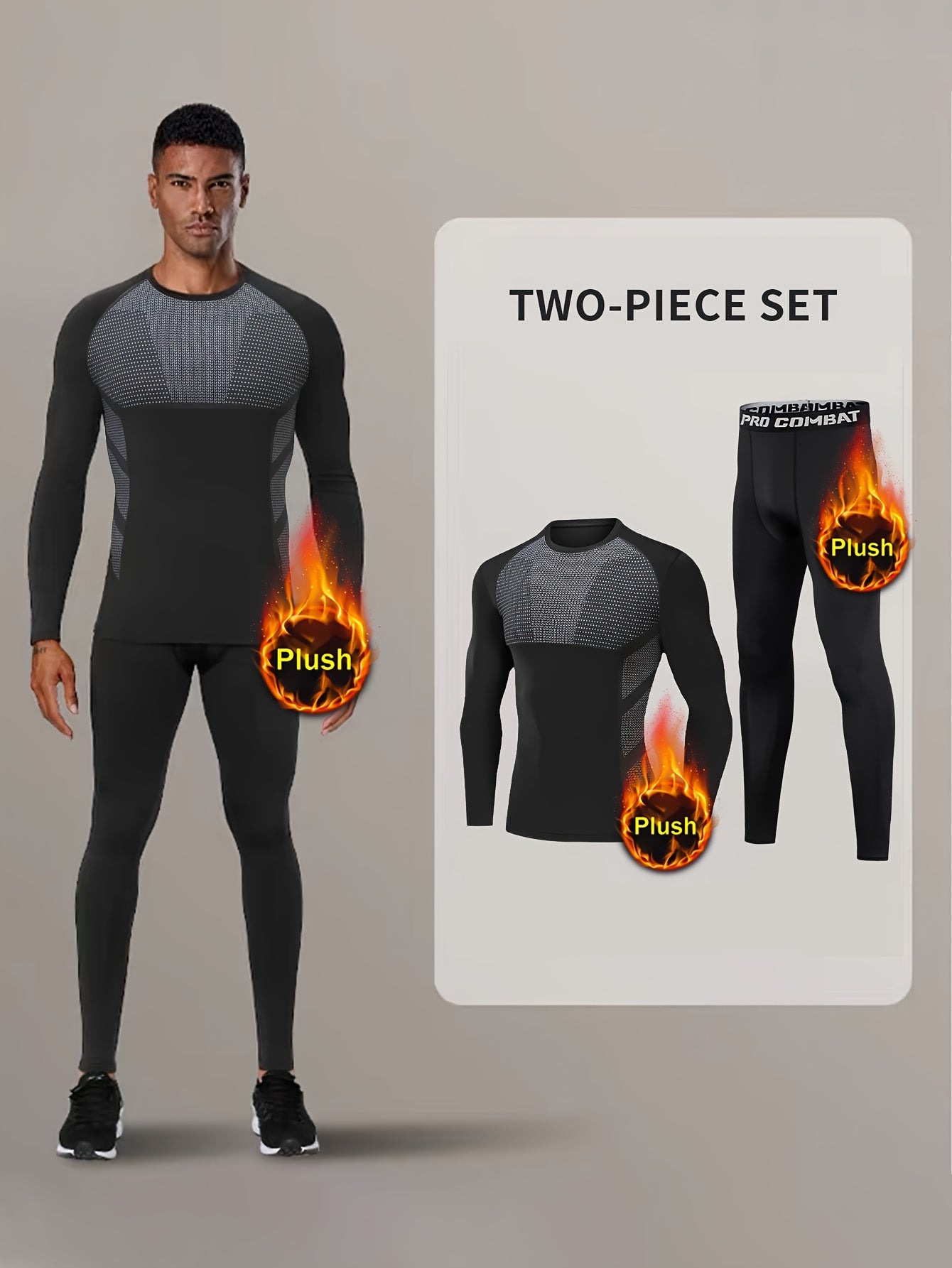Men's Warm Fleece Underwear Set Sports Fitness Base Layer Long Sleeve Top & Pant