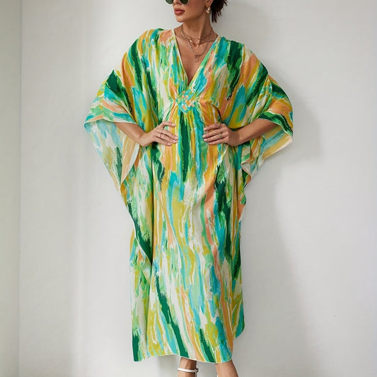 Boho Tie Dye Beach Cover Up Batwing Sleeves V Neck Split Loose Fit